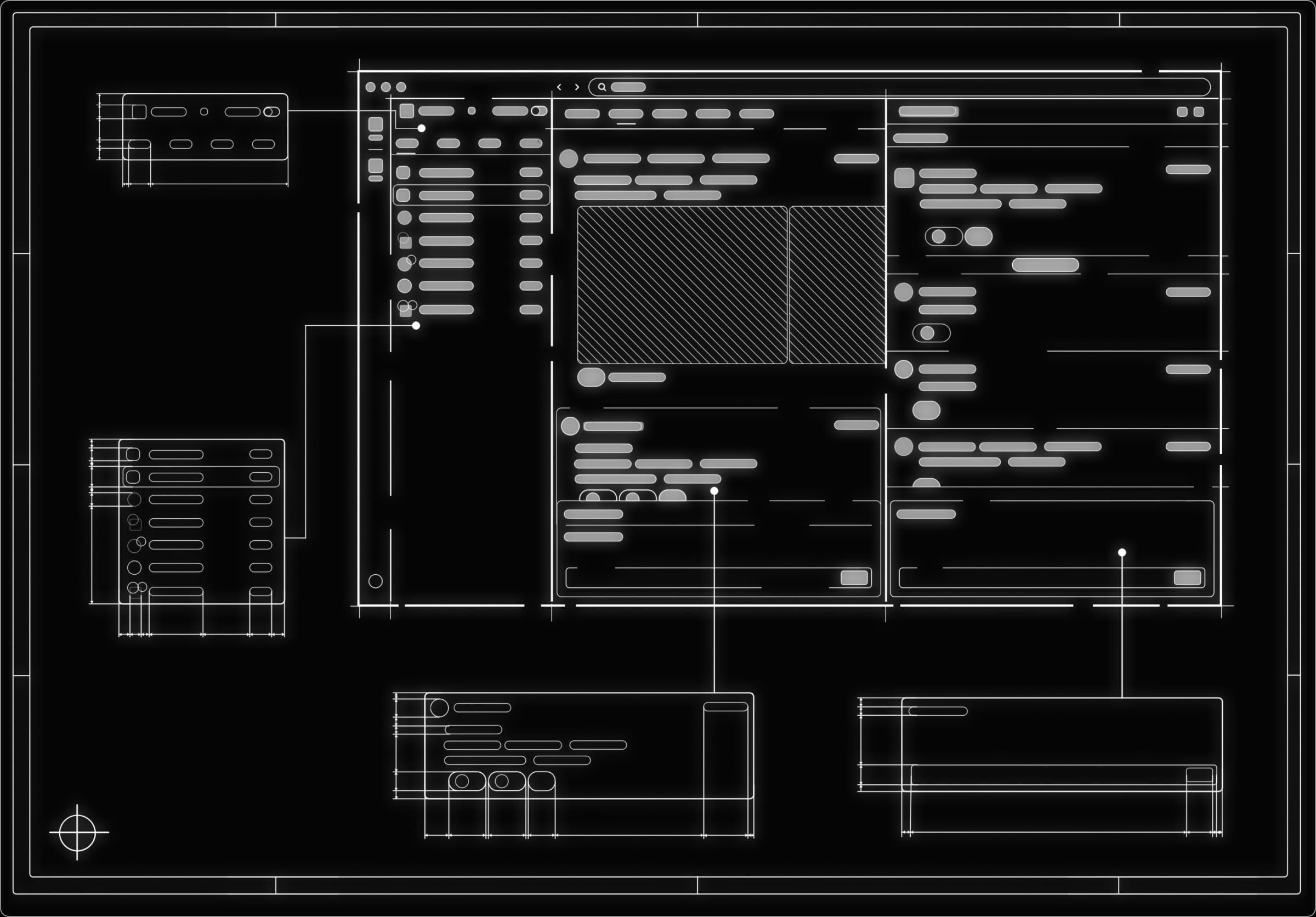 Blueprint of the Morsing app: a conversation list, a central thread with shared media, and a details panel, with callouts for each part.