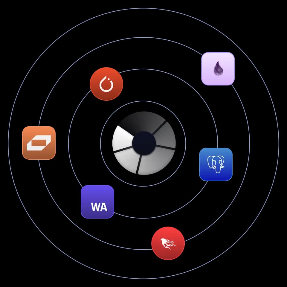 Morsing at the center of orbiting logos for Elixir, Phoenix, WASM, Postgres, Vespa, and PyTorch
